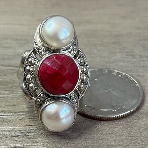 Nicky Butler Sterling Silver Ruby Red Corundum & Mabe Freshwater Pearl Ring